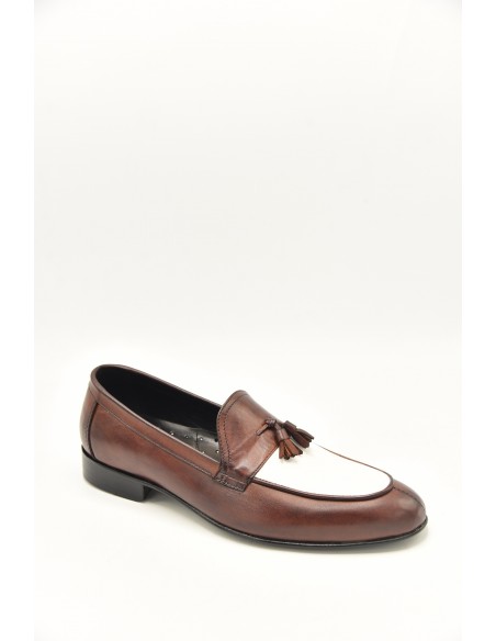 Two Color Classic Tasseled Loafers - Brown & White